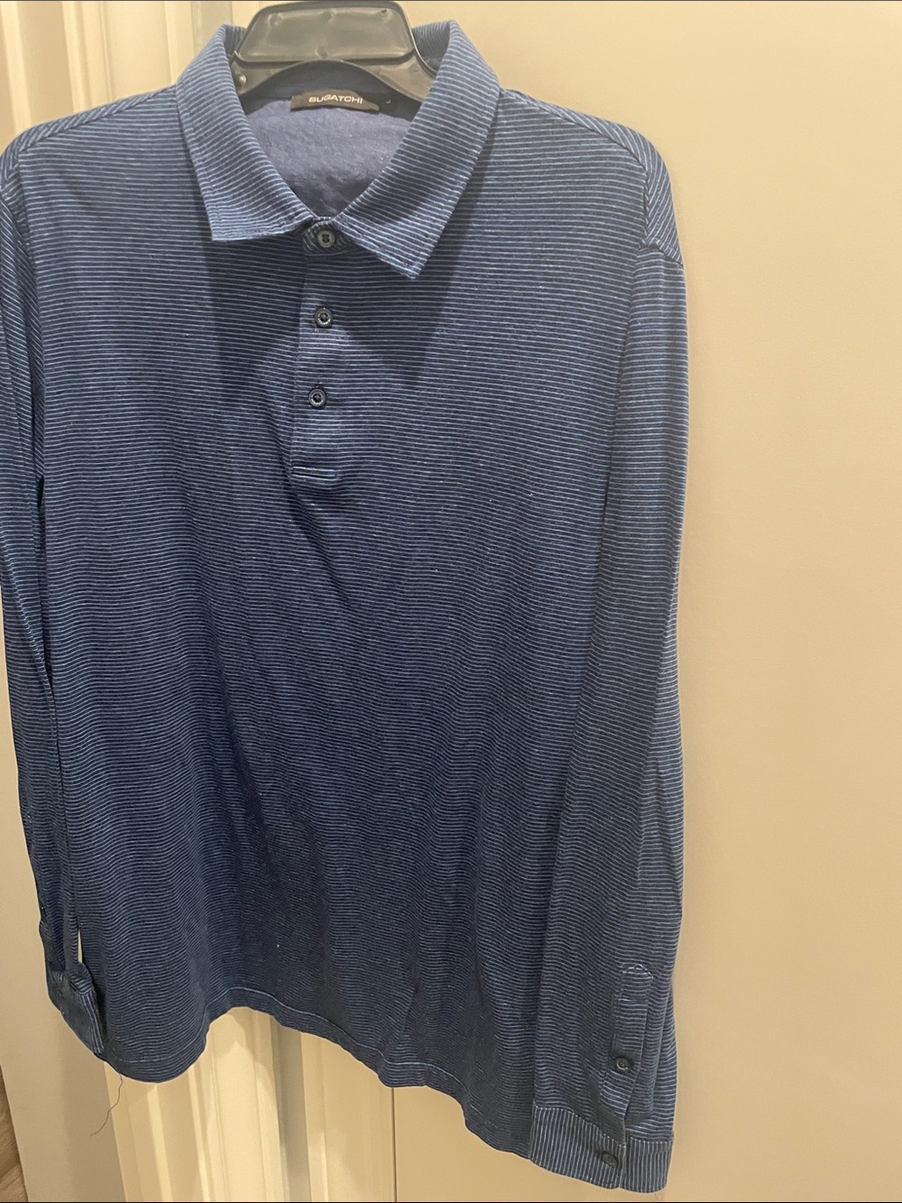 Quacker Factory Men's Long Sleeve Polo - Navy Blue Stripe